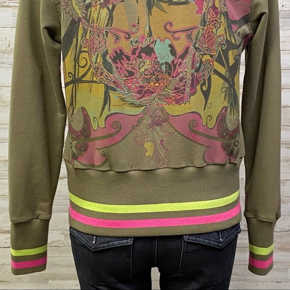 Nuvula Sweatshirt Illustrated Graphic Womens Size M Olive Green Artsy Full Zip - Picture 13 of 16
